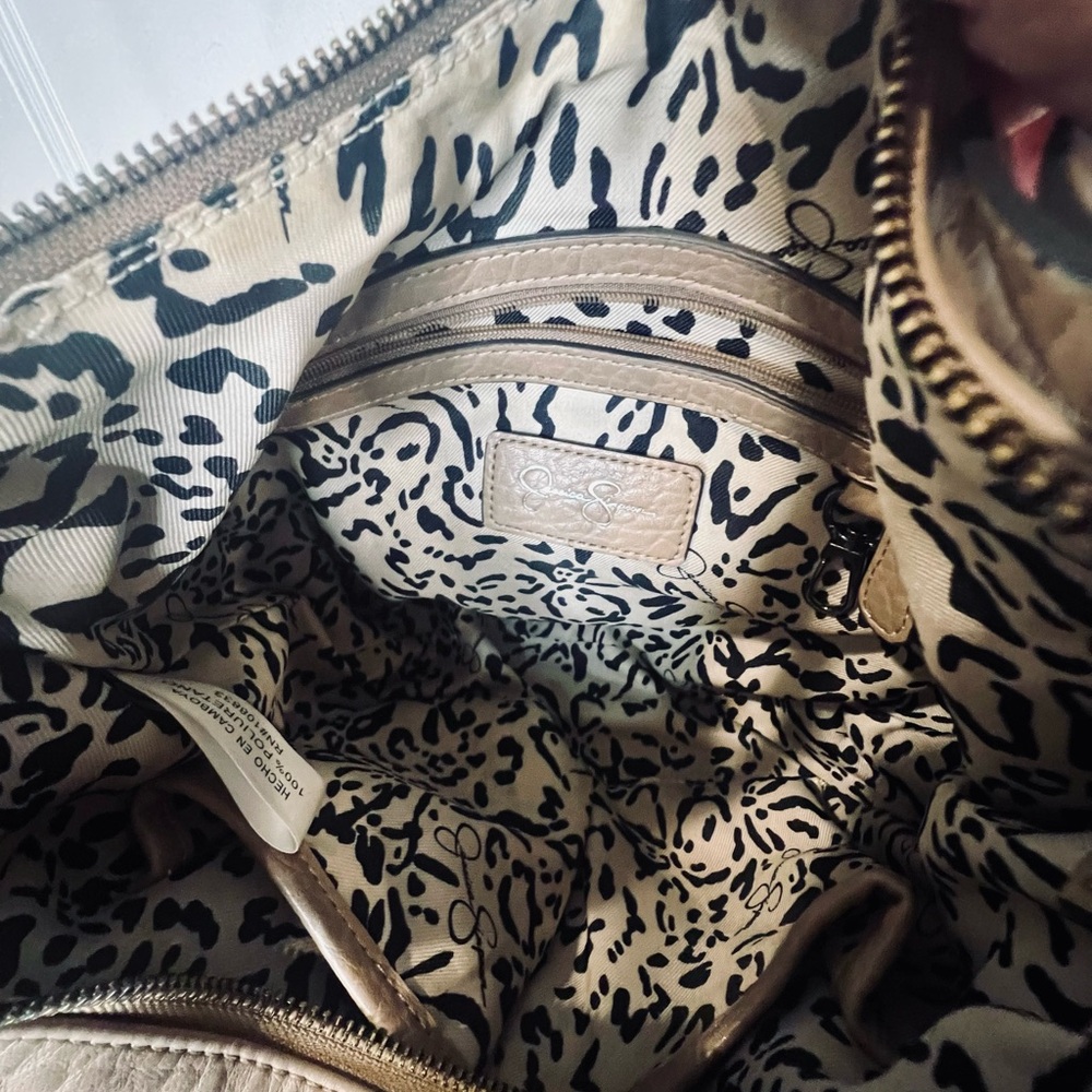 GUC Jessica Simpson tan shoulder/crossbody, animal print interior - Picture 7 of 8
